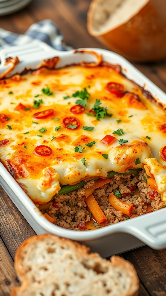 A hearty oven casserole with layers of meat, vegetables, and cheese, garnished with parsley, on a wooden table.